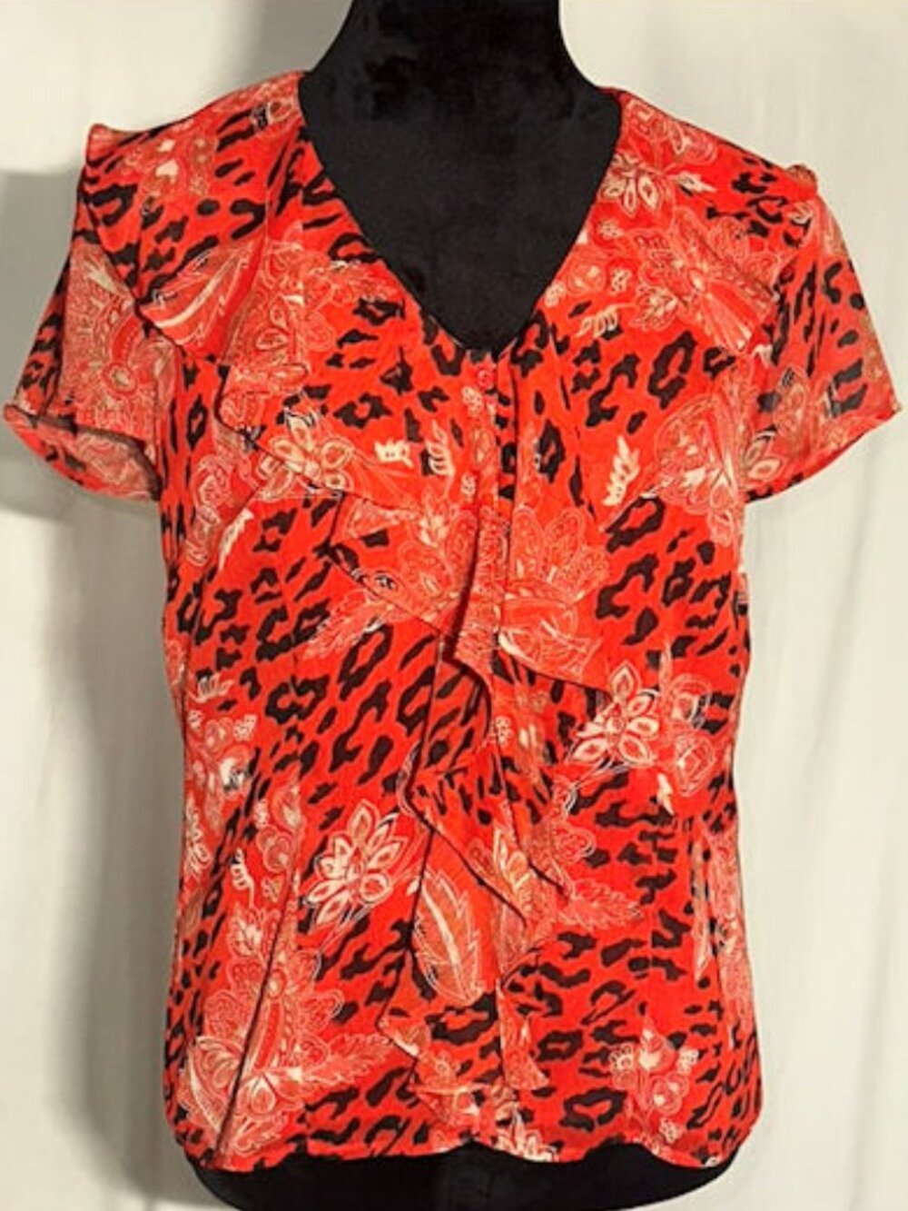 Jones Wear Orange Ruffled Blouse, Leopard and Flowered Print, Size 4